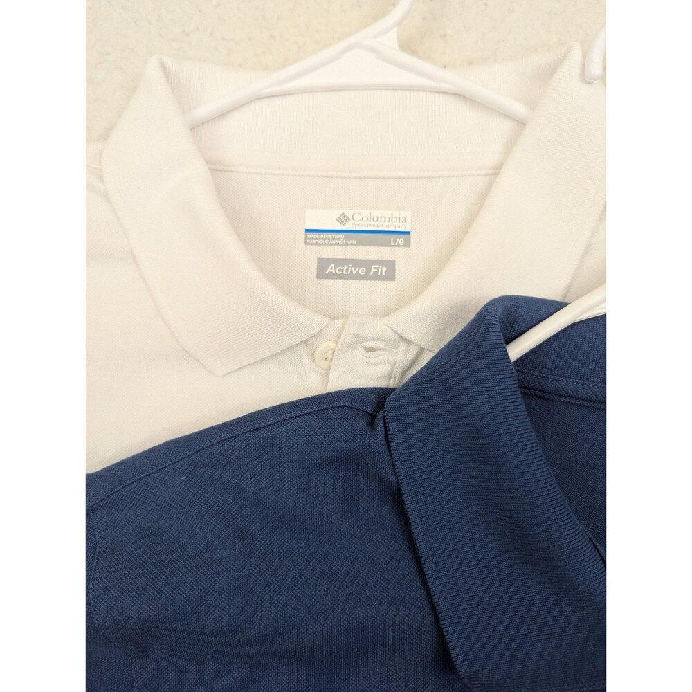 Lot of 2 Columbia Active Fit Mens L Shirt Blue / White Solid Performance Knit